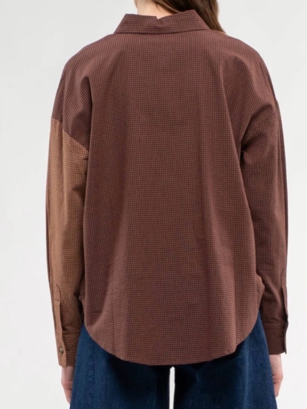 Blu Pepper Brown and Tan Plaid Color Block Button Down oversized small NWT - Picture 4 of 13